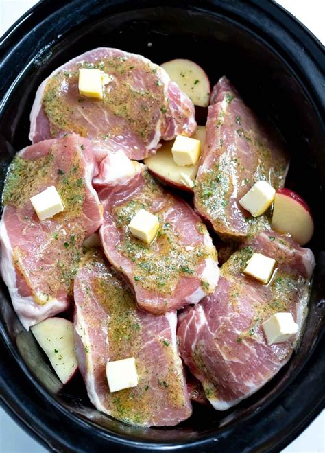 Crockpot ranch pork chops and potatoes - Instructions. Place pork chops in slow cooker. Whisk together the cream of chicken soup, pork gravy mix, chicken broth and pepper. Pour this mixture on top of the pork chops in the crock pot. Cover and cook on low for 6-8 hours or on high for 3-4 hours until the pork is cooked through.